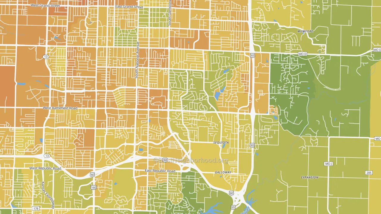 Map of the best neighborhoods in the 65804 area, with better matches in green and worse matches in red