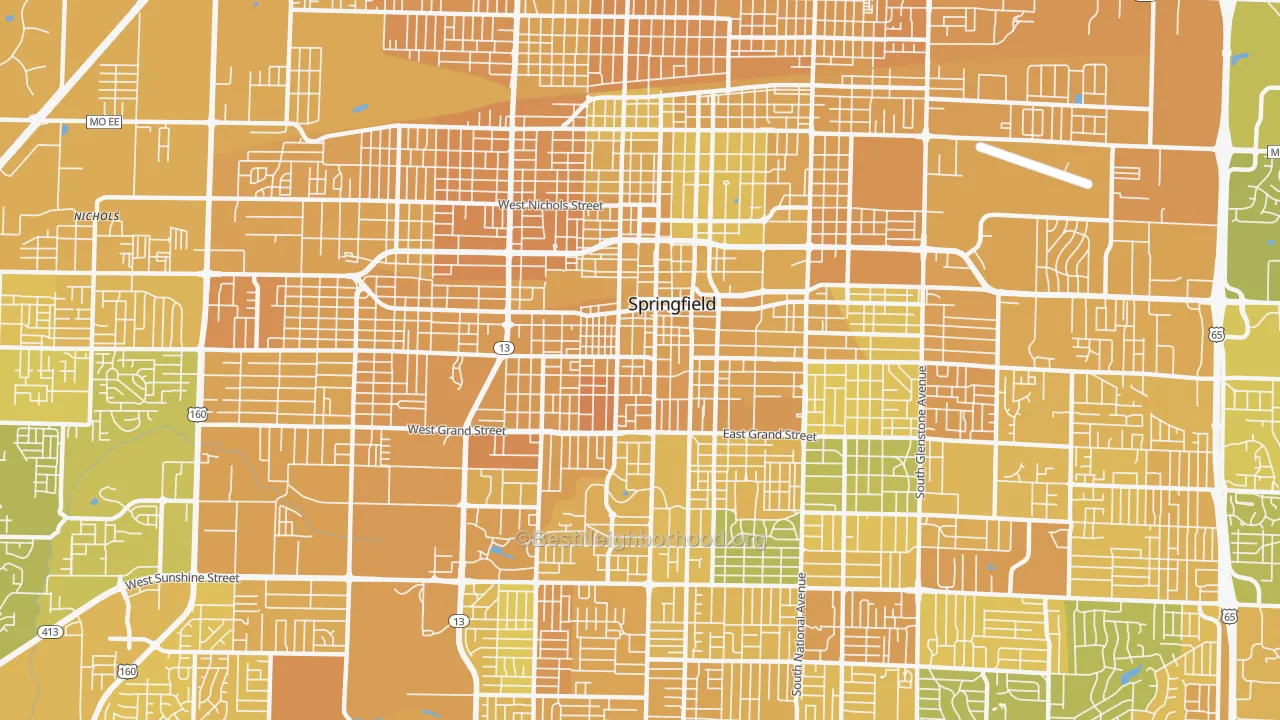 Map of the best neighborhoods in the 65806 area, with better matches in green and worse matches in red