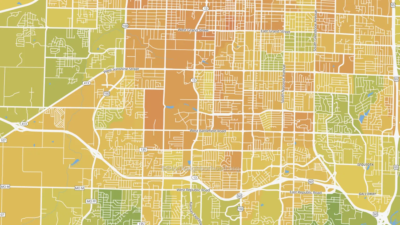 Map of the best neighborhoods in the 65807 area, with better matches in green and worse matches in red