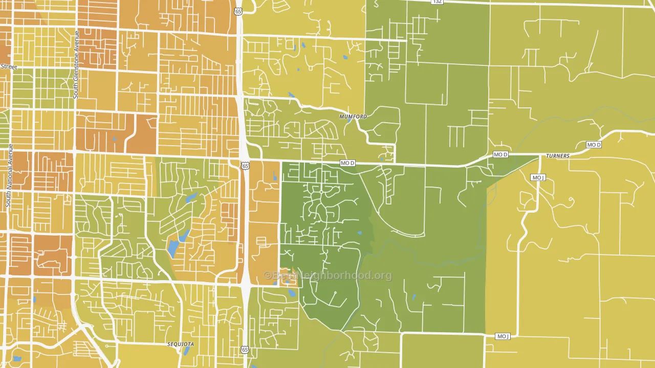 Map of the best neighborhoods in the 65809 area, with better matches in green and worse matches in red