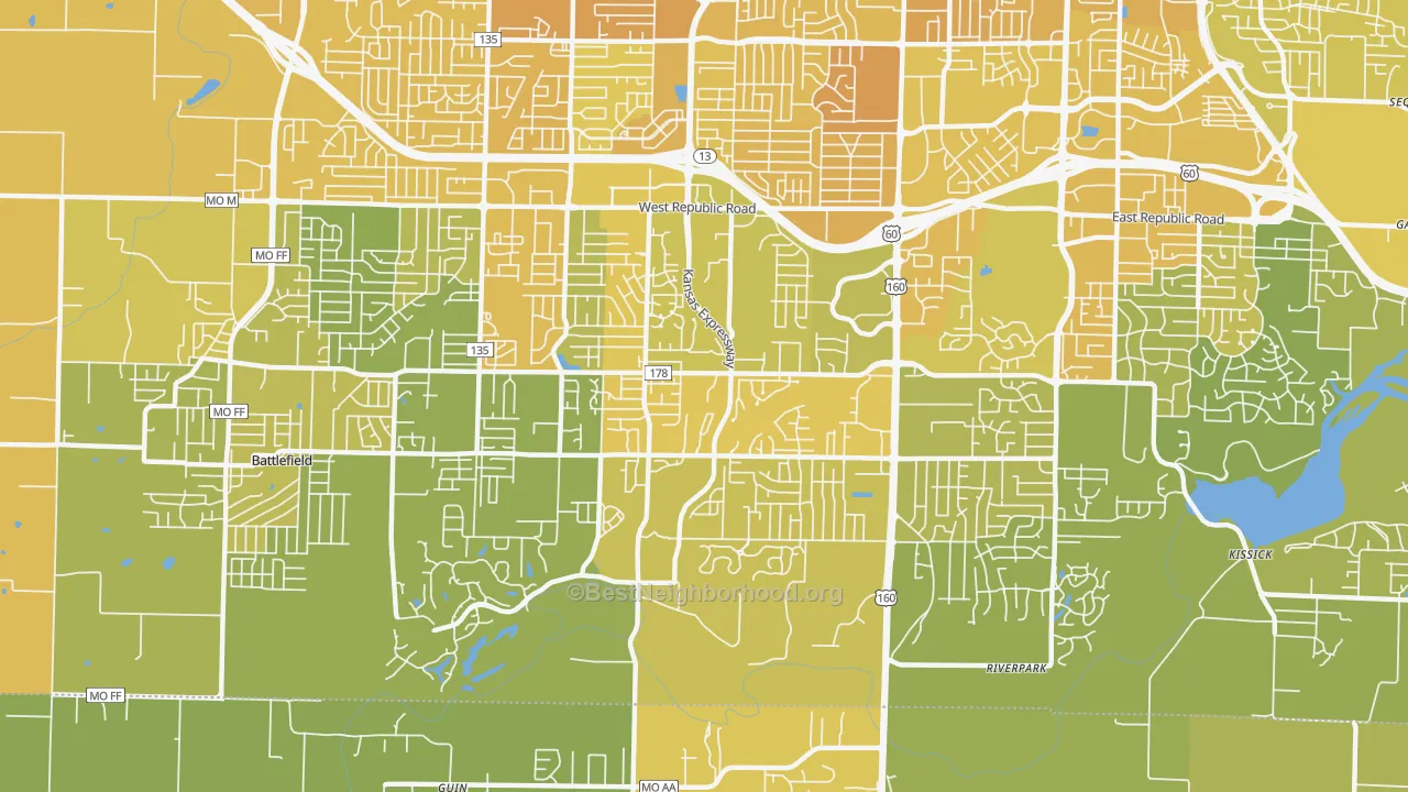 Map of the best neighborhoods in the 65810 area, with better matches in green and worse matches in red