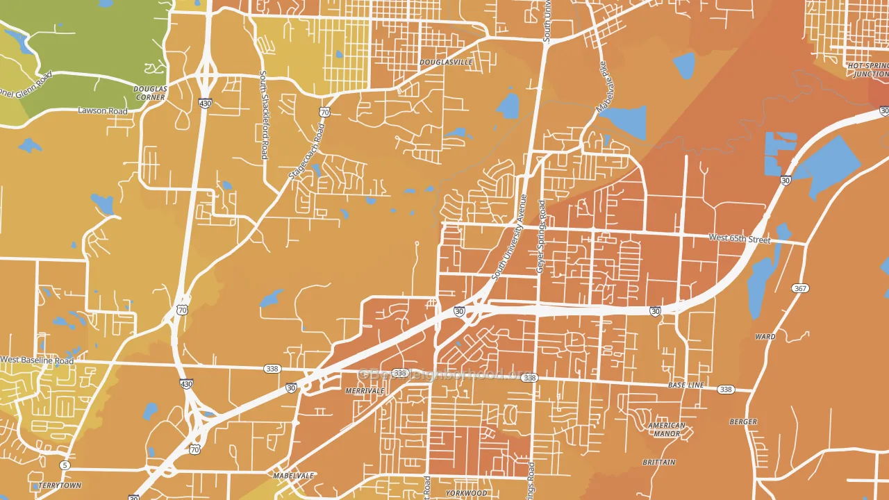 Map of the best neighborhoods in the 65th Street West, Little Rock area, with better matches in green and worse matches in red
