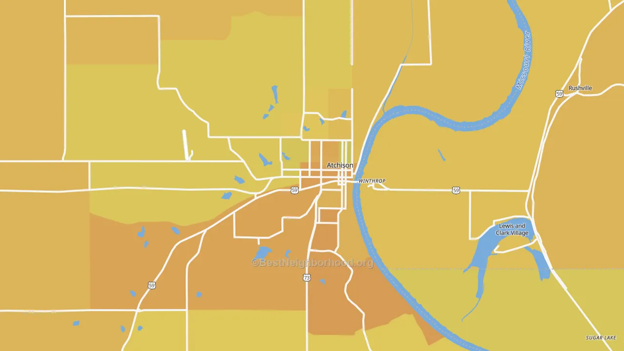 Map of the best neighborhoods in the 66002 area, with better matches in green and worse matches in red