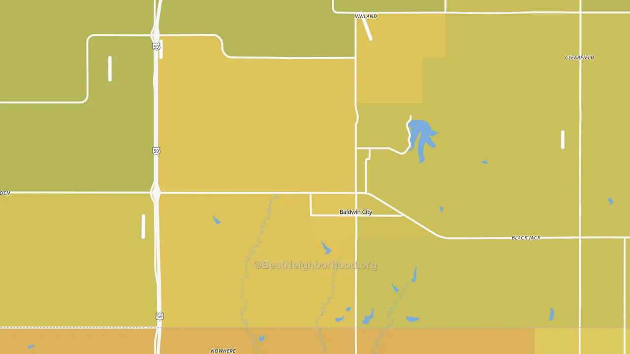 Map of the best neighborhoods in the 66006 area, with better matches in green and worse matches in red