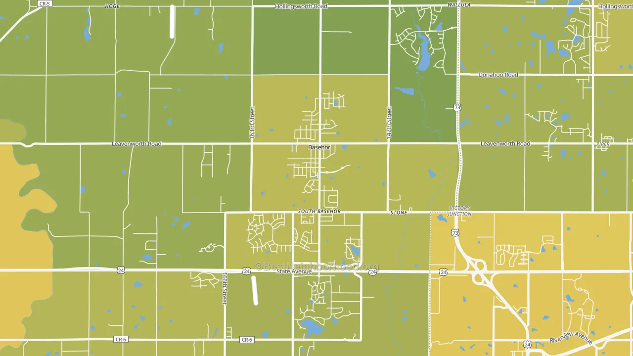 Map of the best neighborhoods in the 66007 area, with better matches in green and worse matches in red