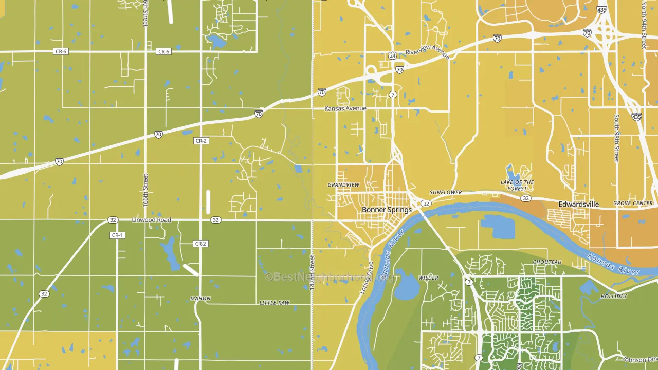Map of the best neighborhoods in the 66012 area, with better matches in green and worse matches in red