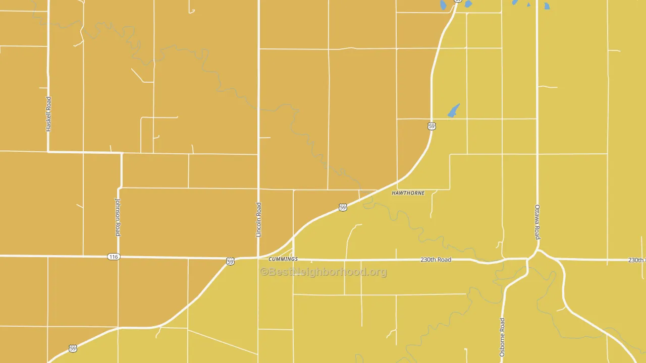 Map of the best neighborhoods in the 66016 area, with better matches in green and worse matches in red
