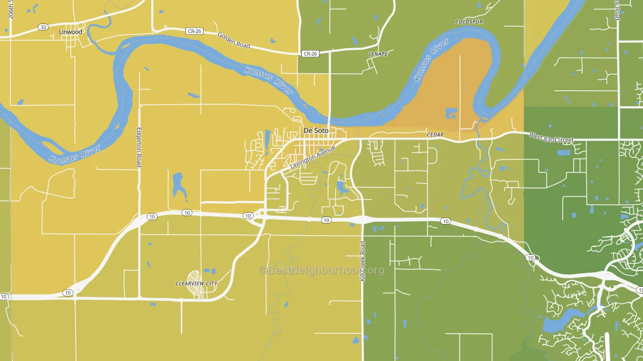 Map of the best neighborhoods in the 66018 area, with better matches in green and worse matches in red