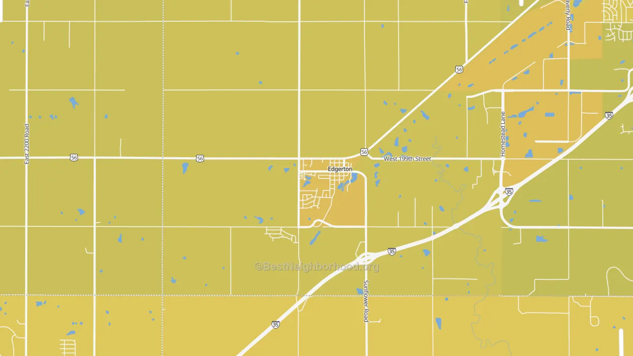 Map of the best neighborhoods in the 66021 area, with better matches in green and worse matches in red