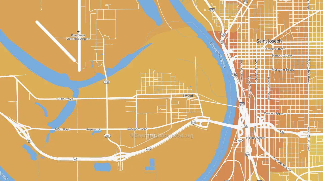Map of the best neighborhoods in the 66024 area, with better matches in green and worse matches in red