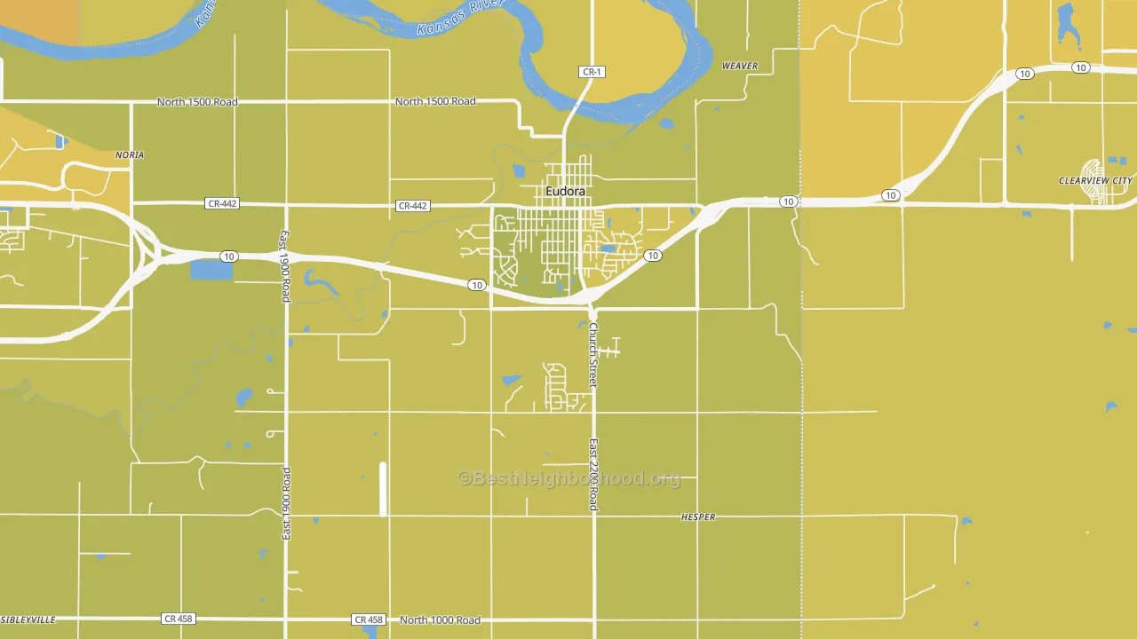 Map of the best neighborhoods in the 66025 area, with better matches in green and worse matches in red