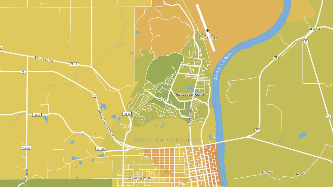 Map of the best neighborhoods in the 66027 area, with better matches in green and worse matches in red