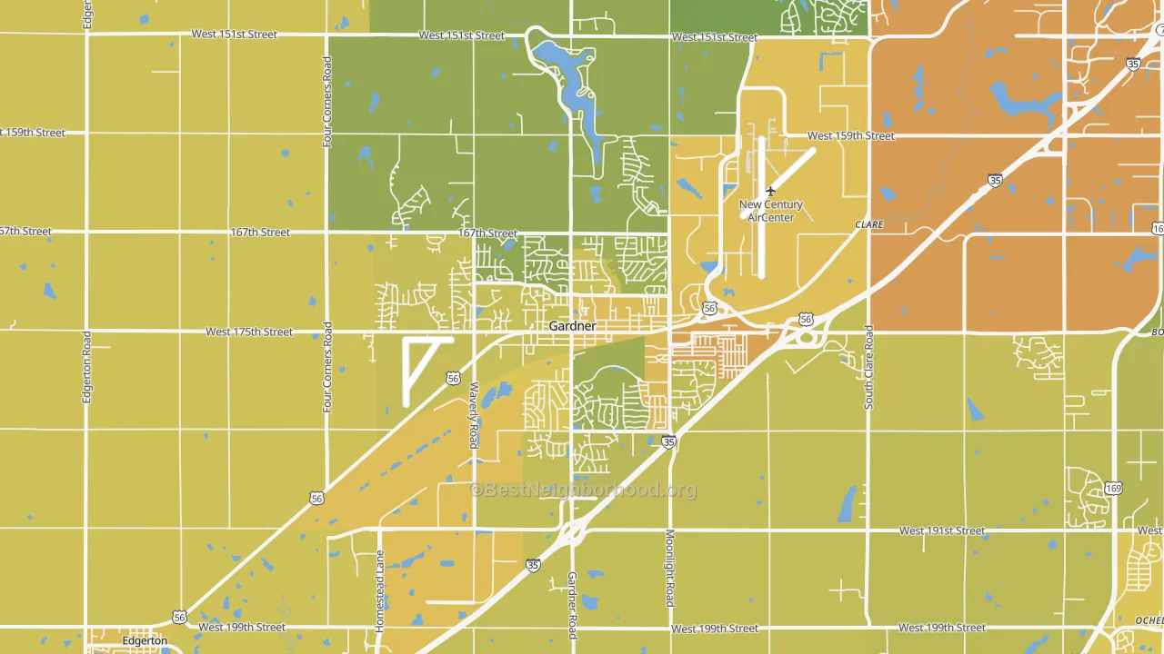 Map of the best neighborhoods in the 66030 area, with better matches in green and worse matches in red