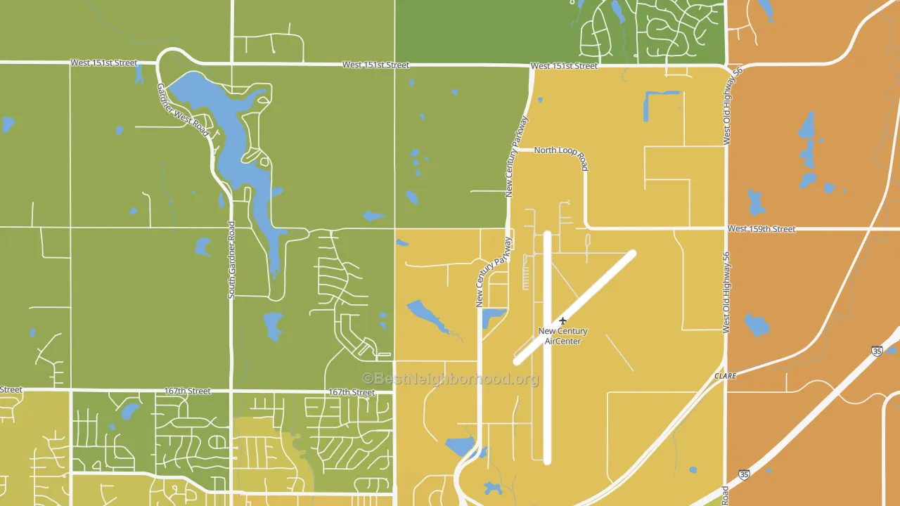 Map of the best neighborhoods in the 66031 area, with better matches in green and worse matches in red
