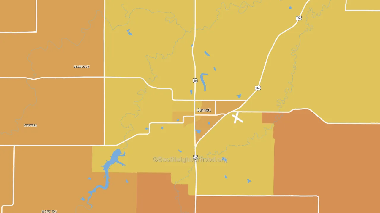 Map of the best neighborhoods in the 66032 area, with better matches in green and worse matches in red