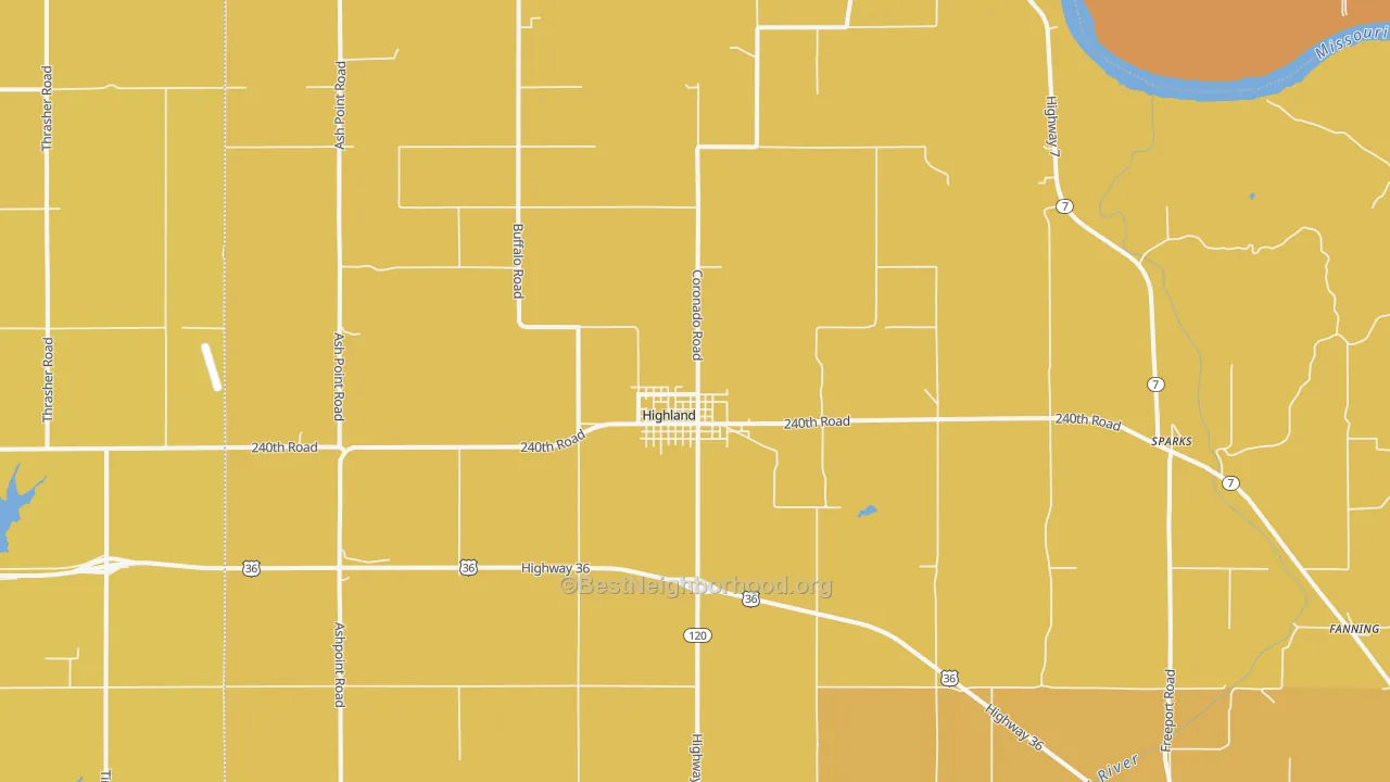 Map of the best neighborhoods in the 66035 area, with better matches in green and worse matches in red