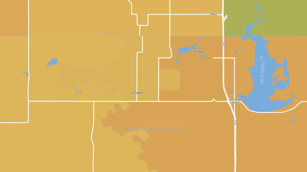 Map of the best neighborhoods in the 66040 area, with better matches in green and worse matches in red