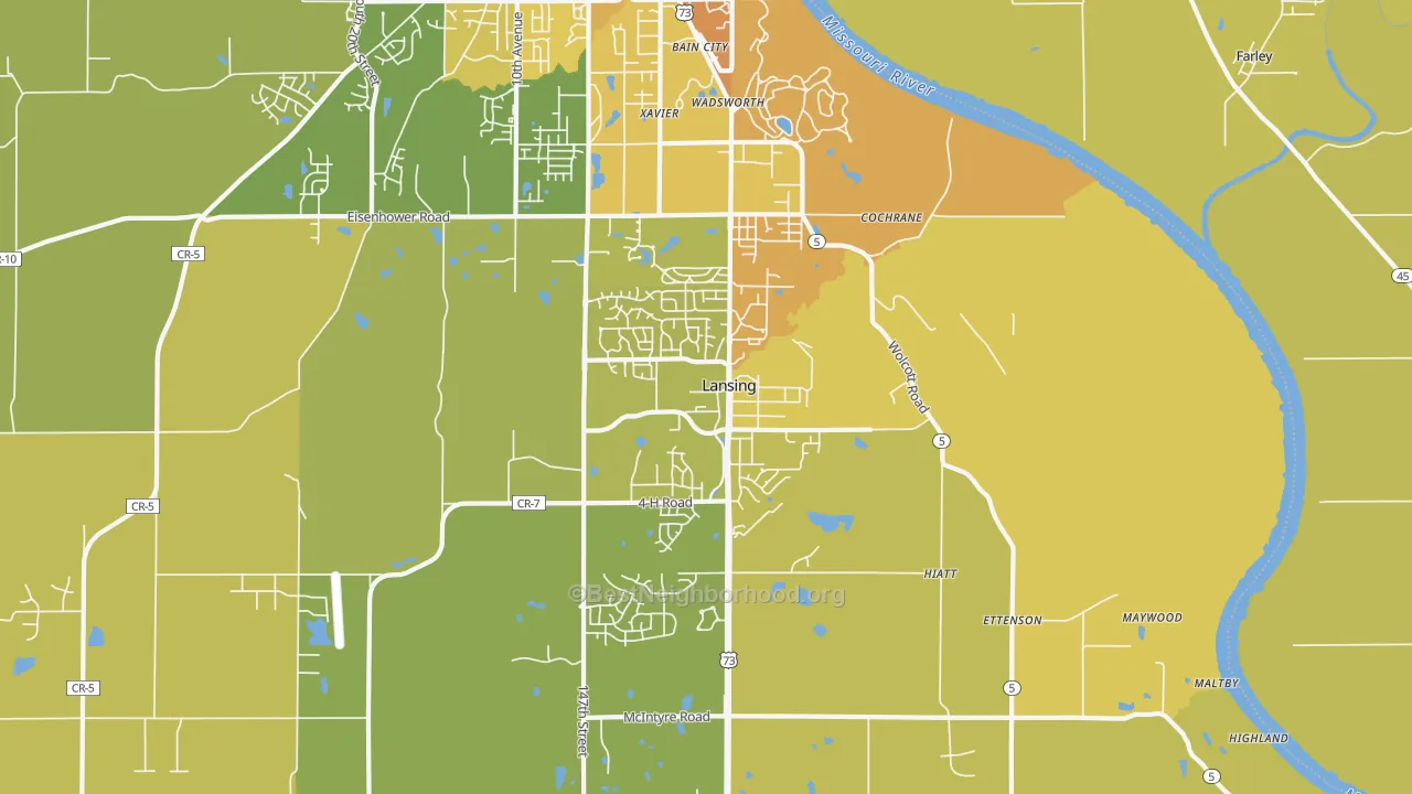 Map of the best neighborhoods in the 66043 area, with better matches in green and worse matches in red