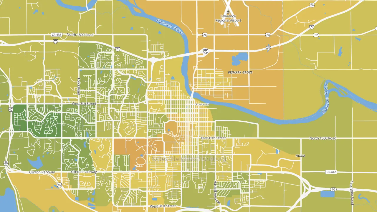 Map of the best neighborhoods in the 66044 area, with better matches in green and worse matches in red