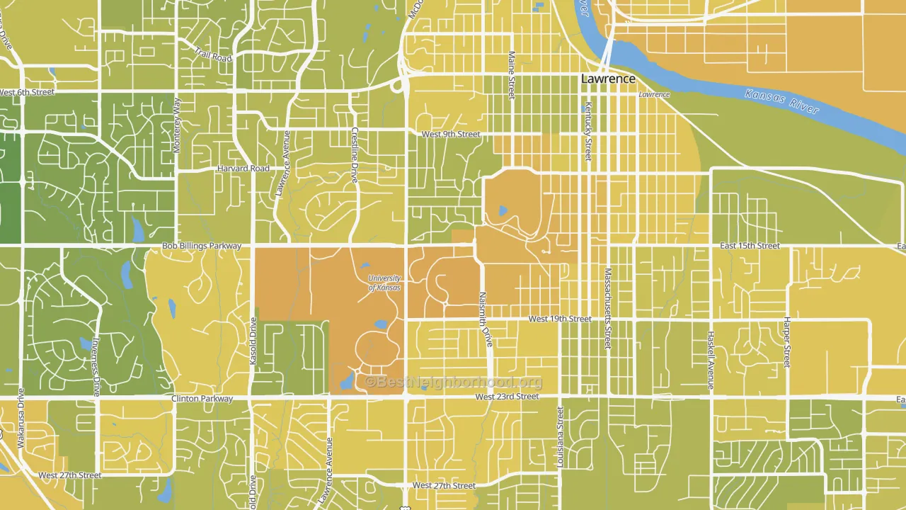 Map of the best neighborhoods in the 66045 area, with better matches in green and worse matches in red