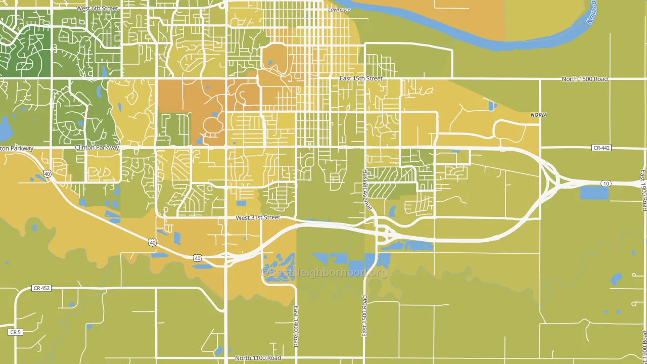 Map of the best neighborhoods in the 66046 area, with better matches in green and worse matches in red