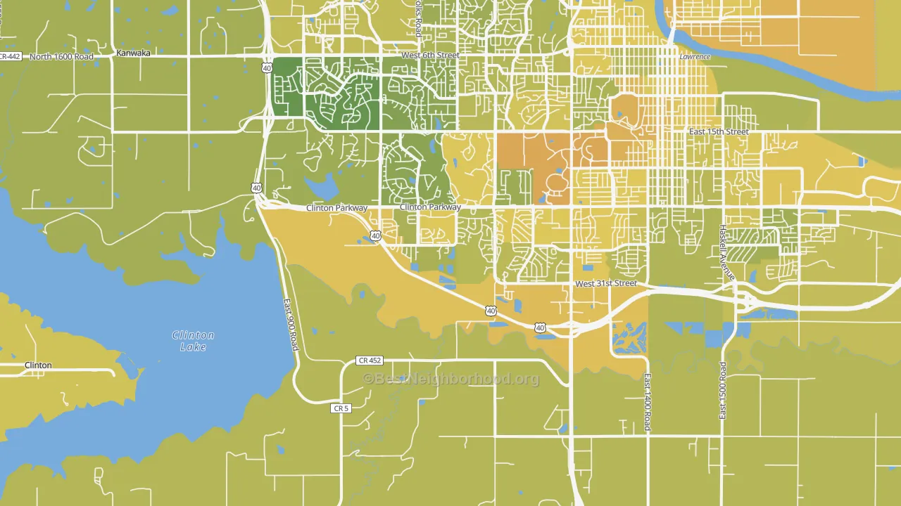 Map of the best neighborhoods in the 66047 area, with better matches in green and worse matches in red