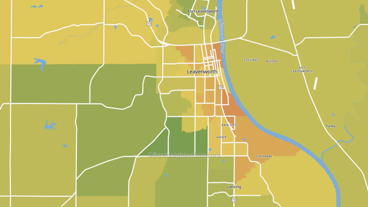 Map of the best neighborhoods in the 66048 area, with better matches in green and worse matches in red