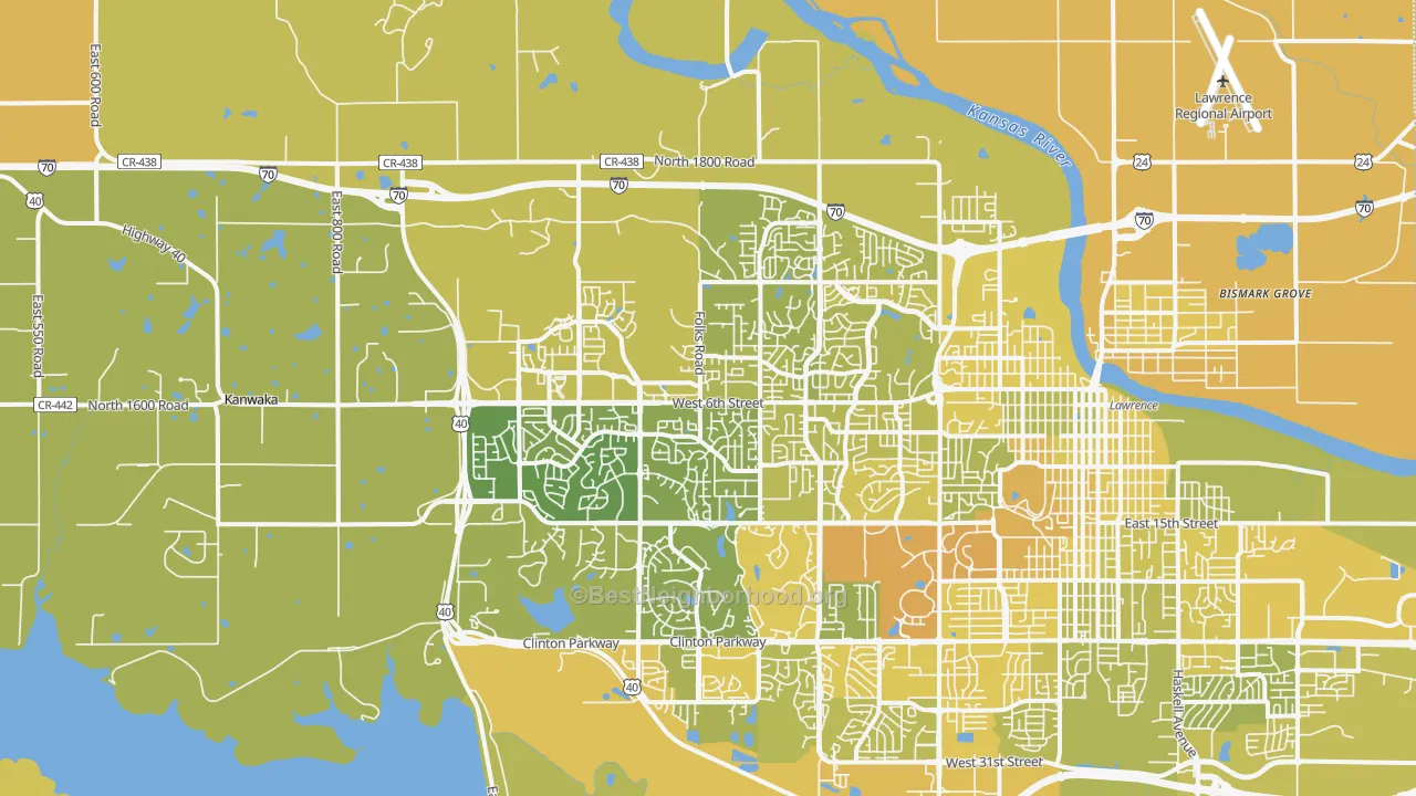 Map of the best neighborhoods in the 66049 area, with better matches in green and worse matches in red