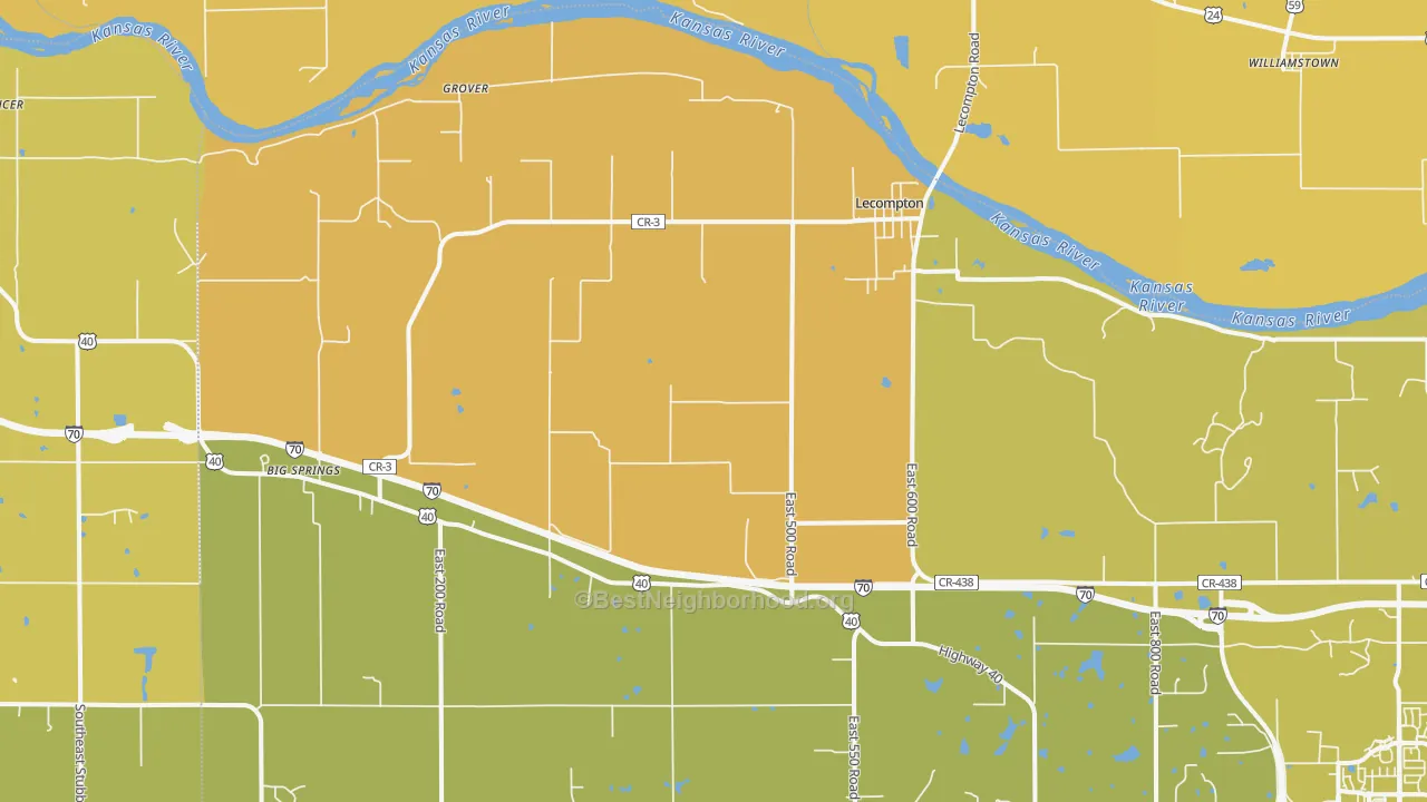 Map of the best neighborhoods in the 66050 area, with better matches in green and worse matches in red
