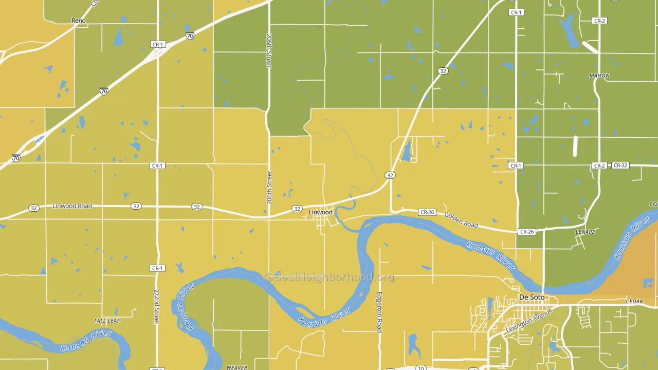 Map of the best neighborhoods in the 66052 area, with better matches in green and worse matches in red
