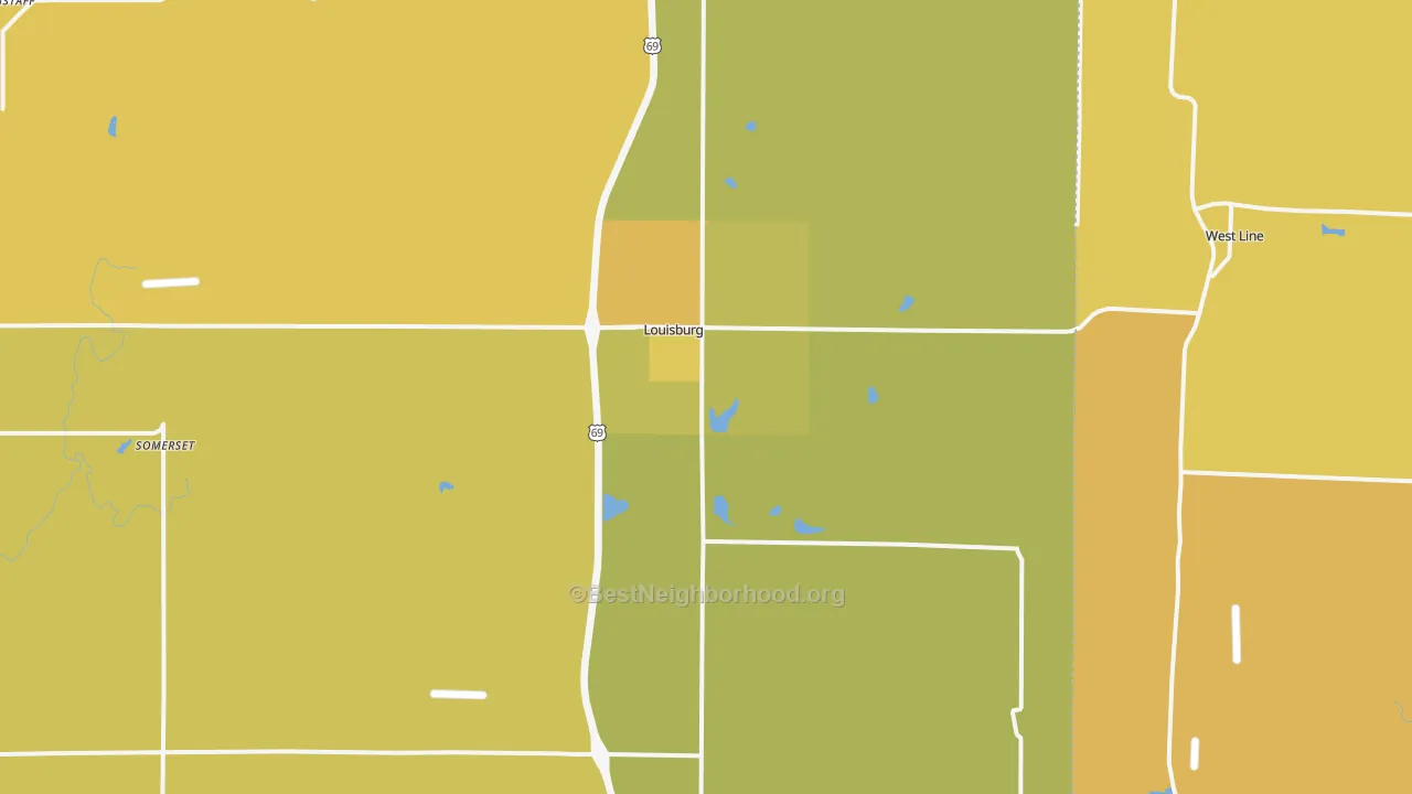 Map of the best neighborhoods in the 66053 area, with better matches in green and worse matches in red