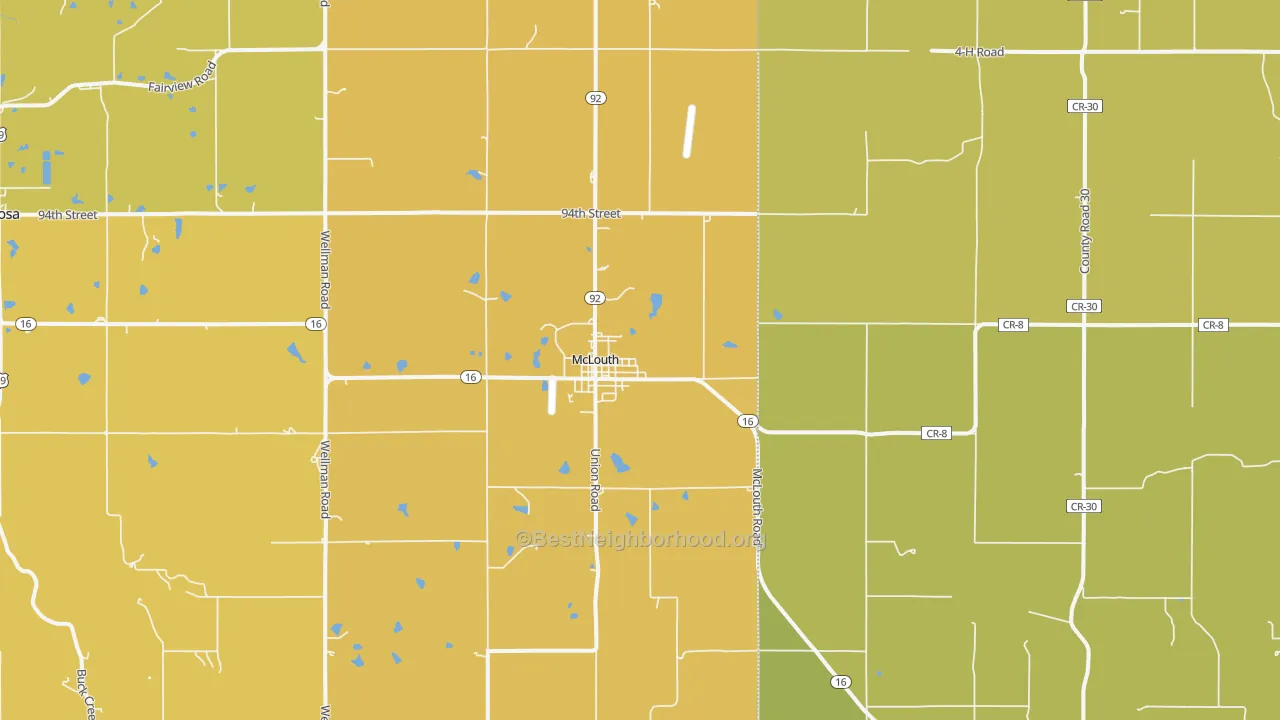 Map of the best neighborhoods in the 66054 area, with better matches in green and worse matches in red