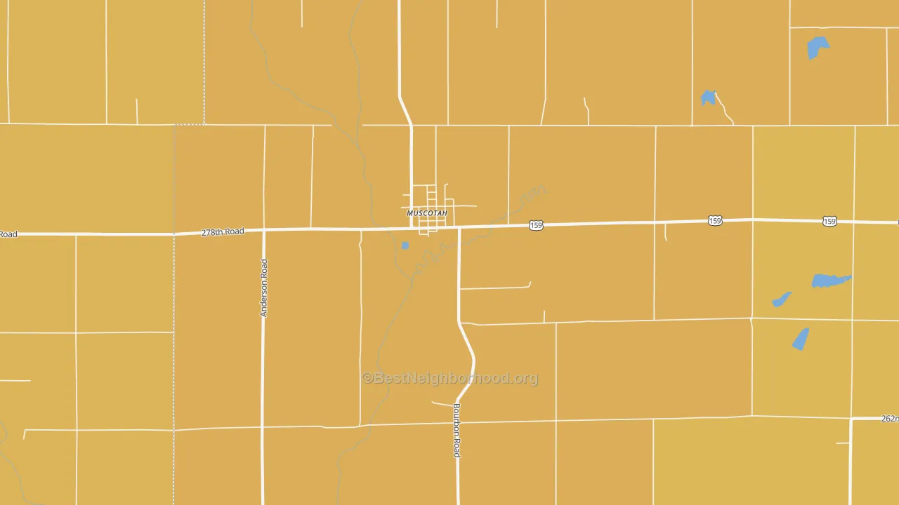Map of the best neighborhoods in the 66058 area, with better matches in green and worse matches in red