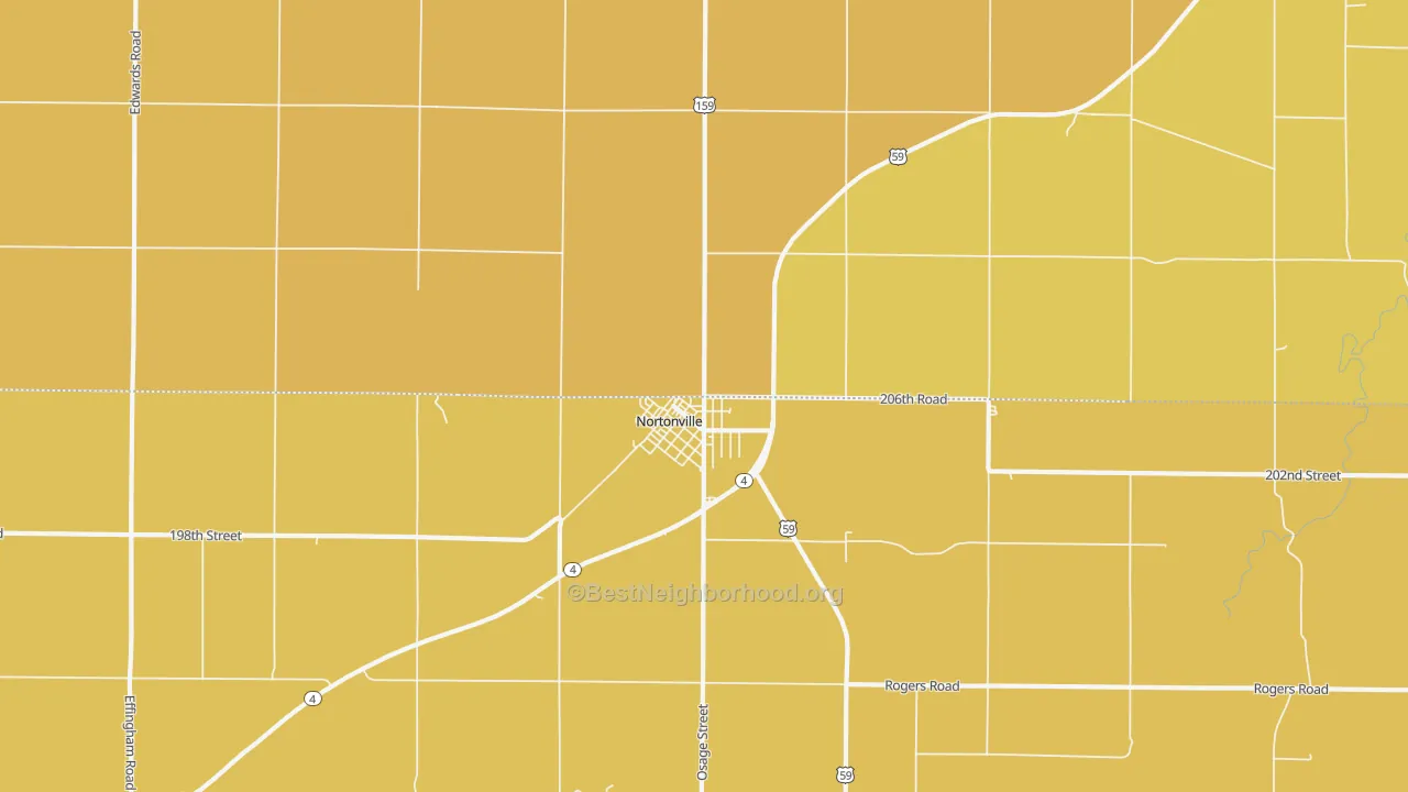 Map of the best neighborhoods in the 66060 area, with better matches in green and worse matches in red