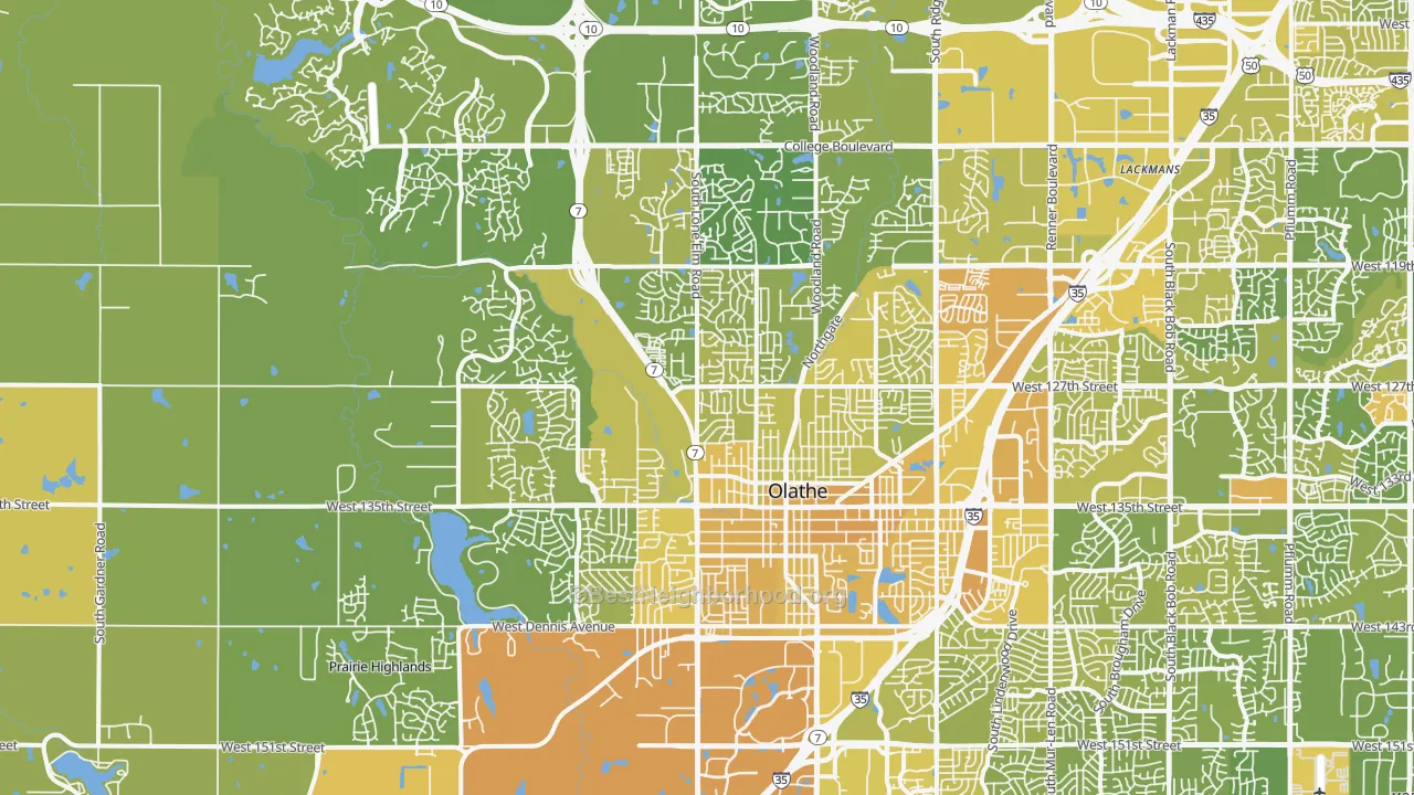 Map of the best neighborhoods in the 66061 area, with better matches in green and worse matches in red