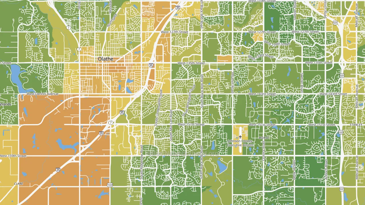 Map of the best neighborhoods in the 66062 area, with better matches in green and worse matches in red
