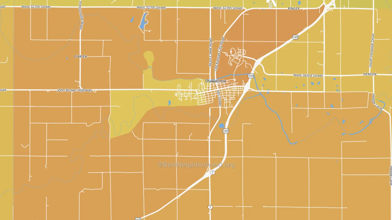 Map of the best neighborhoods in the 66064 area, with better matches in green and worse matches in red