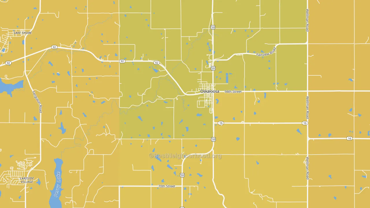 Map of the best neighborhoods in the 66066 area, with better matches in green and worse matches in red
