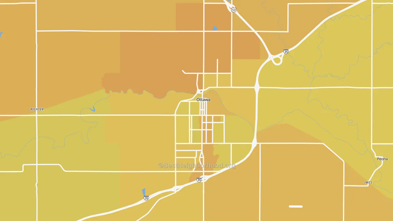 Map of the best neighborhoods in the 66067 area, with better matches in green and worse matches in red