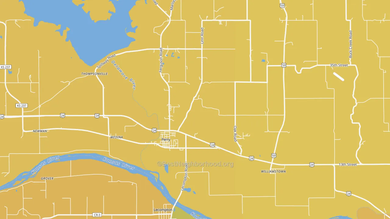 Map of the best neighborhoods in the 66073 area, with better matches in green and worse matches in red