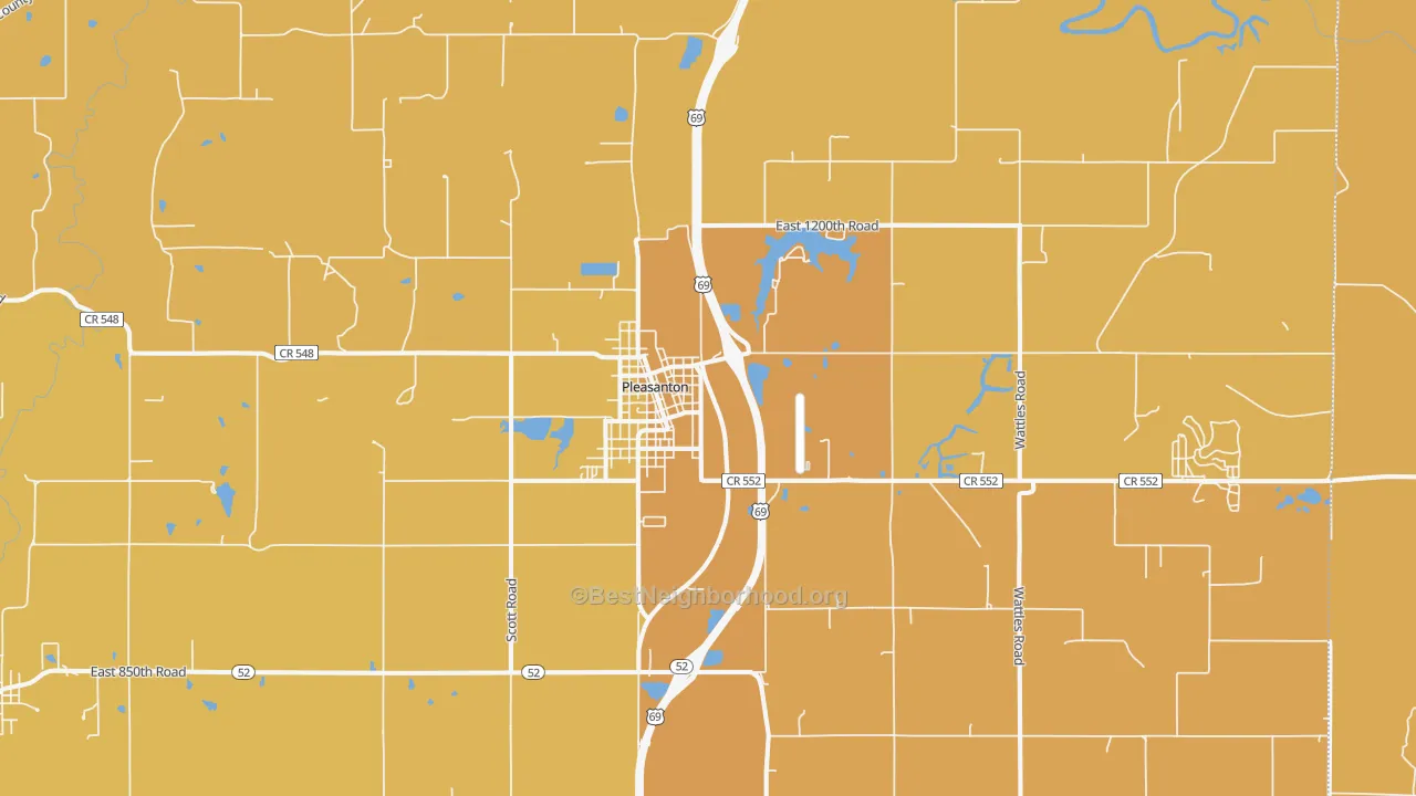 Map of the best neighborhoods in the 66075 area, with better matches in green and worse matches in red