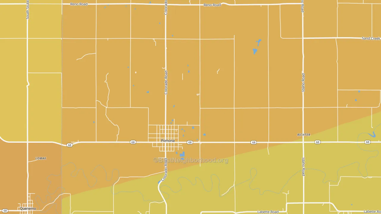Map of the best neighborhoods in the 66076 area, with better matches in green and worse matches in red