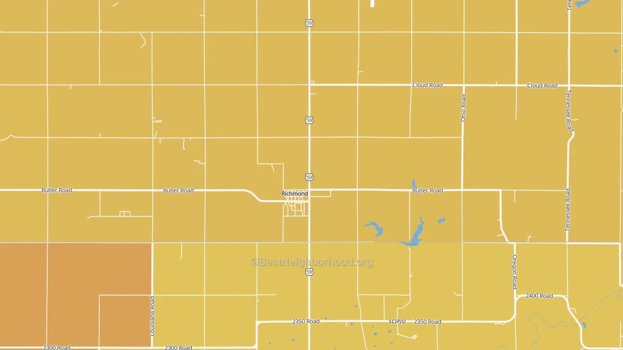 Map of the best neighborhoods in the 66080 area, with better matches in green and worse matches in red