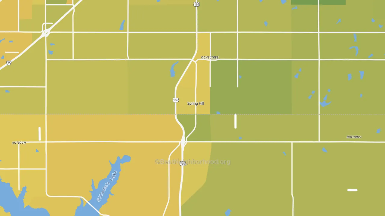 Map of the best neighborhoods in the 66083 area, with better matches in green and worse matches in red