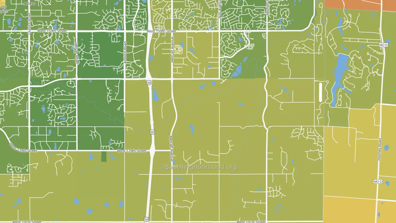 Map of the best neighborhoods in the 66085 area, with better matches in green and worse matches in red