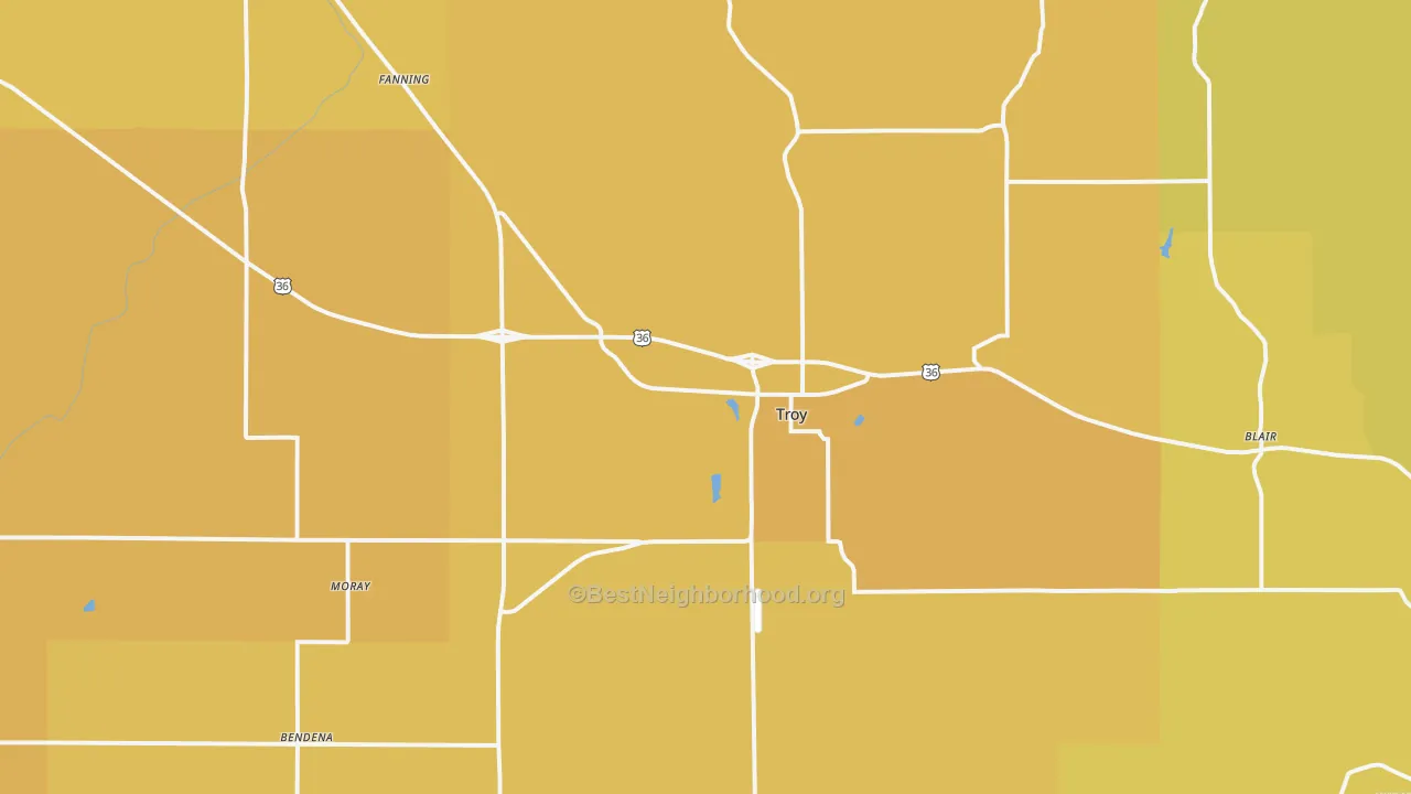Map of the best neighborhoods in the 66087 area, with better matches in green and worse matches in red