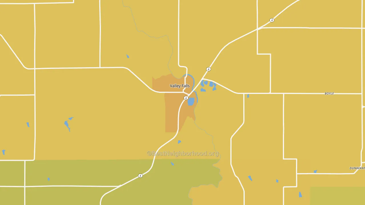 Map of the best neighborhoods in the 66088 area, with better matches in green and worse matches in red