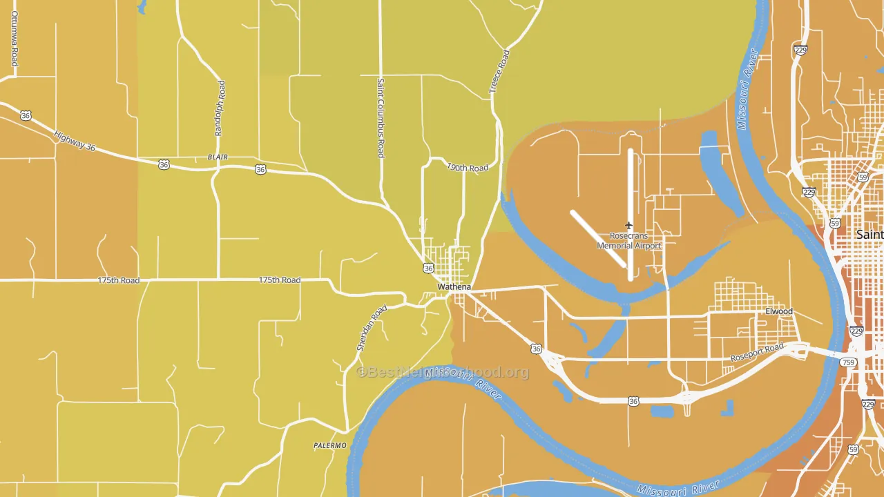 Map of the best neighborhoods in the 66090 area, with better matches in green and worse matches in red