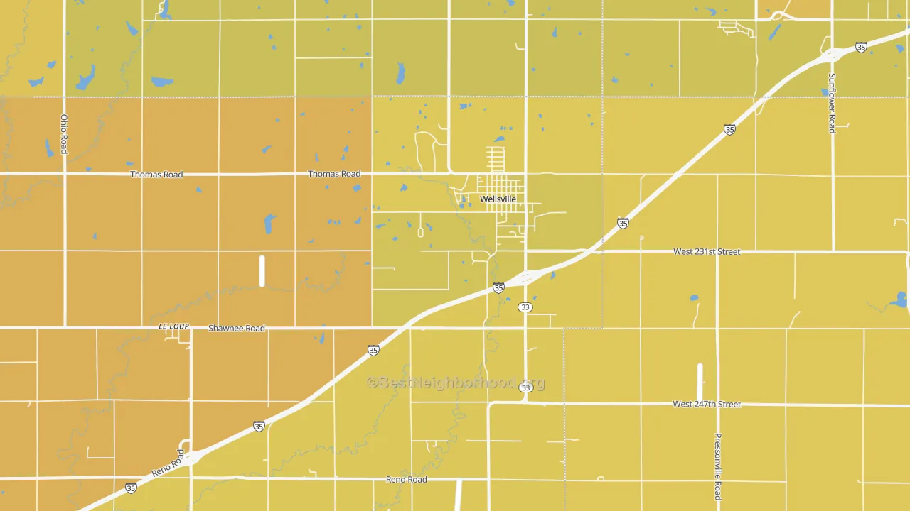 Map of the best neighborhoods in the 66092 area, with better matches in green and worse matches in red