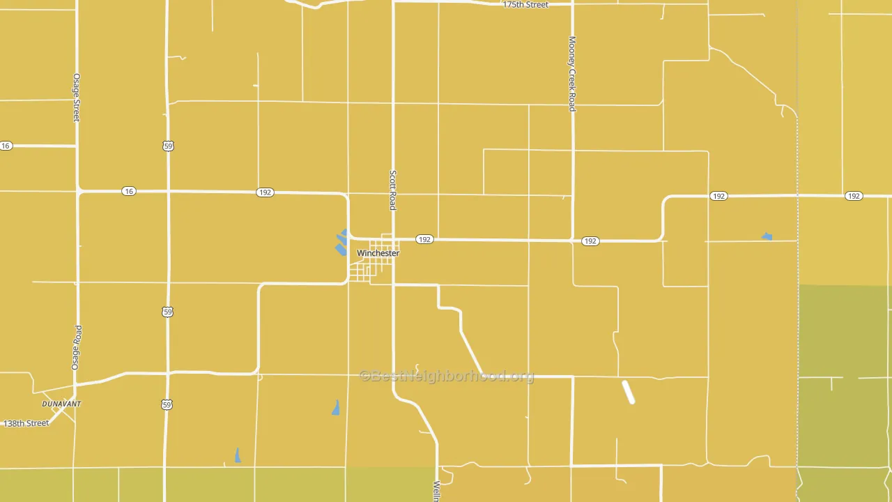 Map of the best neighborhoods in the 66097 area, with better matches in green and worse matches in red